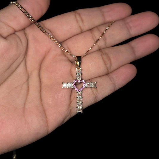 Pink and Green Heart Cross Necklace