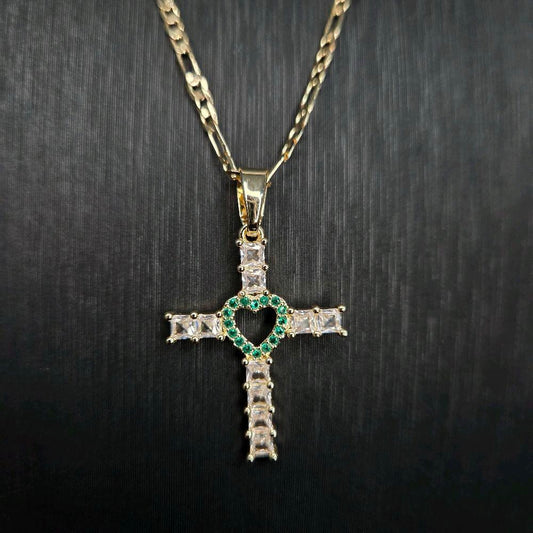Pink and Green Heart Cross Necklace